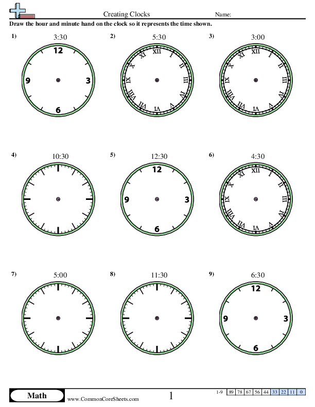 Time Worksheets - Creating Clocks (Half Hour Increments) worksheet