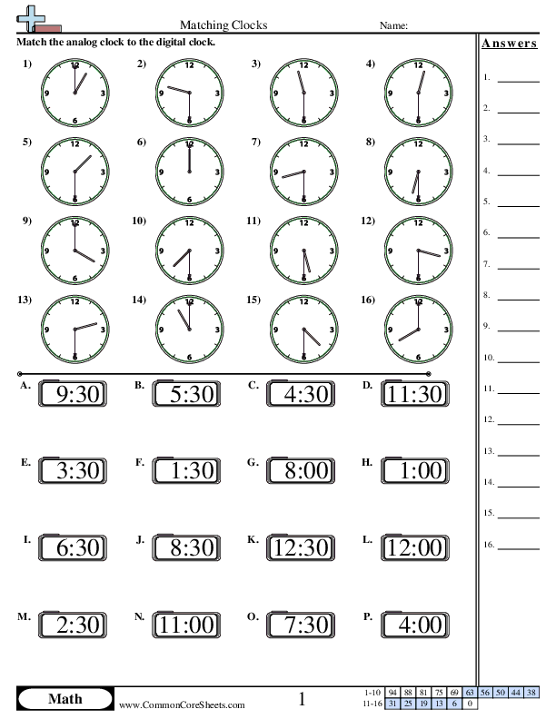 1.md.3 Worksheets - Matching Clocks (Half Hour Increments) worksheet
