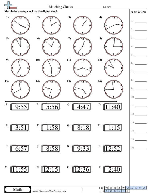 Matching Clocks (1 Minute Increments) Worksheet - Matching Clocks (1 Minute Increments) worksheet