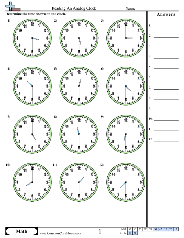 Time Worksheets - Reading a Clock (Half Hour Increments) worksheet