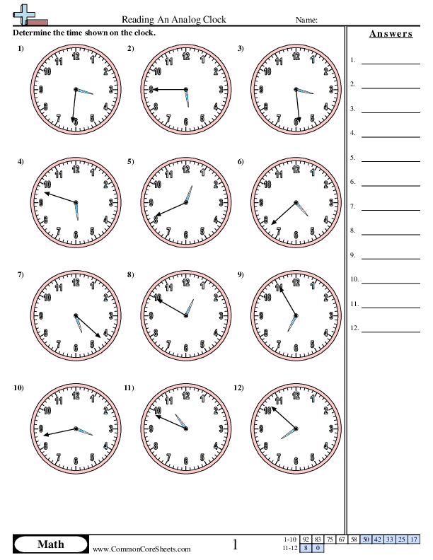Time Worksheets - Reading a Clock (1 Minute Increments) worksheet