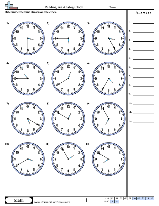 Time Worksheets - Reading a Clock (5 Minute Increments) worksheet